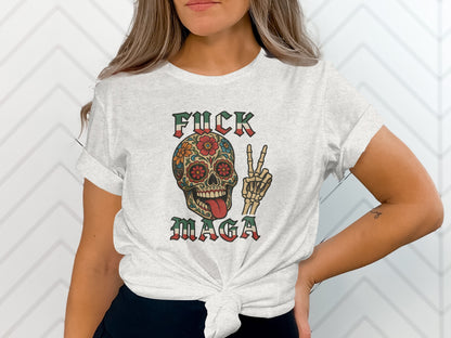 Colorful Skull with Skeleton Hand Graphic T-Shirt