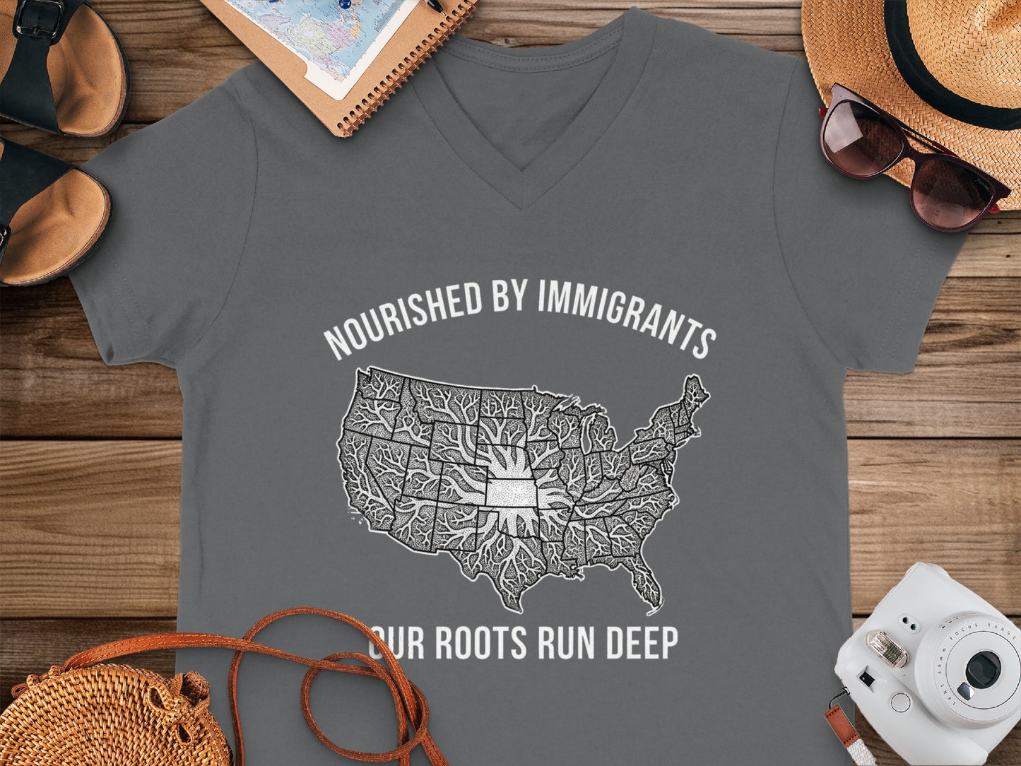 Nourished by Immigrants Map Design V-Neck Shirt