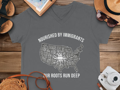 Nourished by Immigrants Map Design V-Neck Shirt