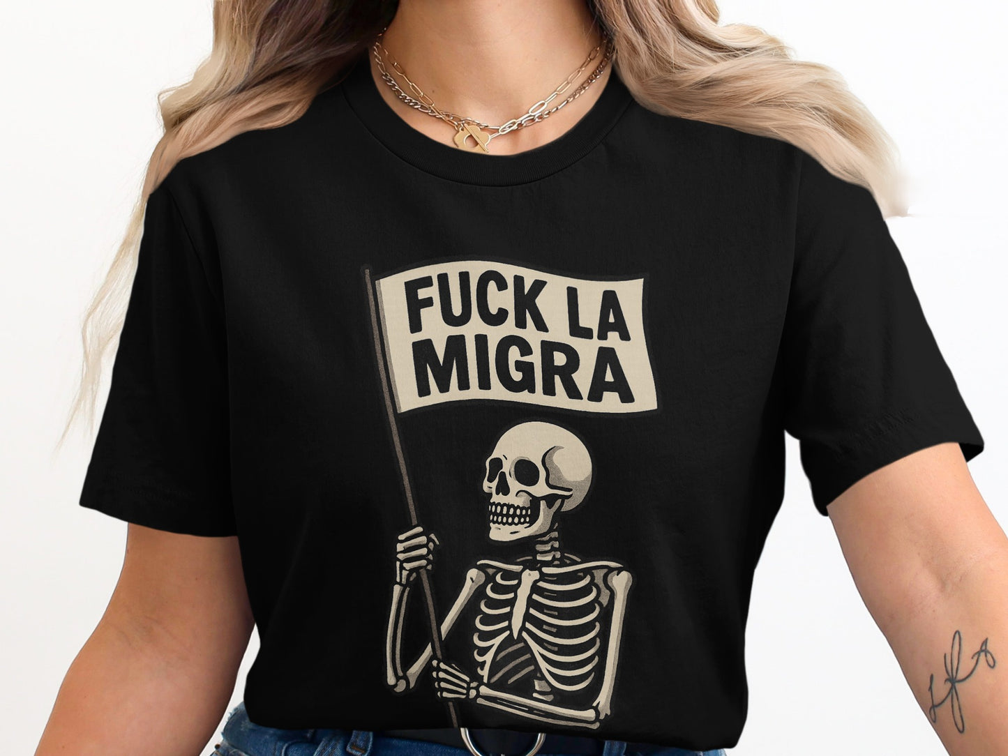 Fuck La Migra Skeleton Holding Flag Shirt product