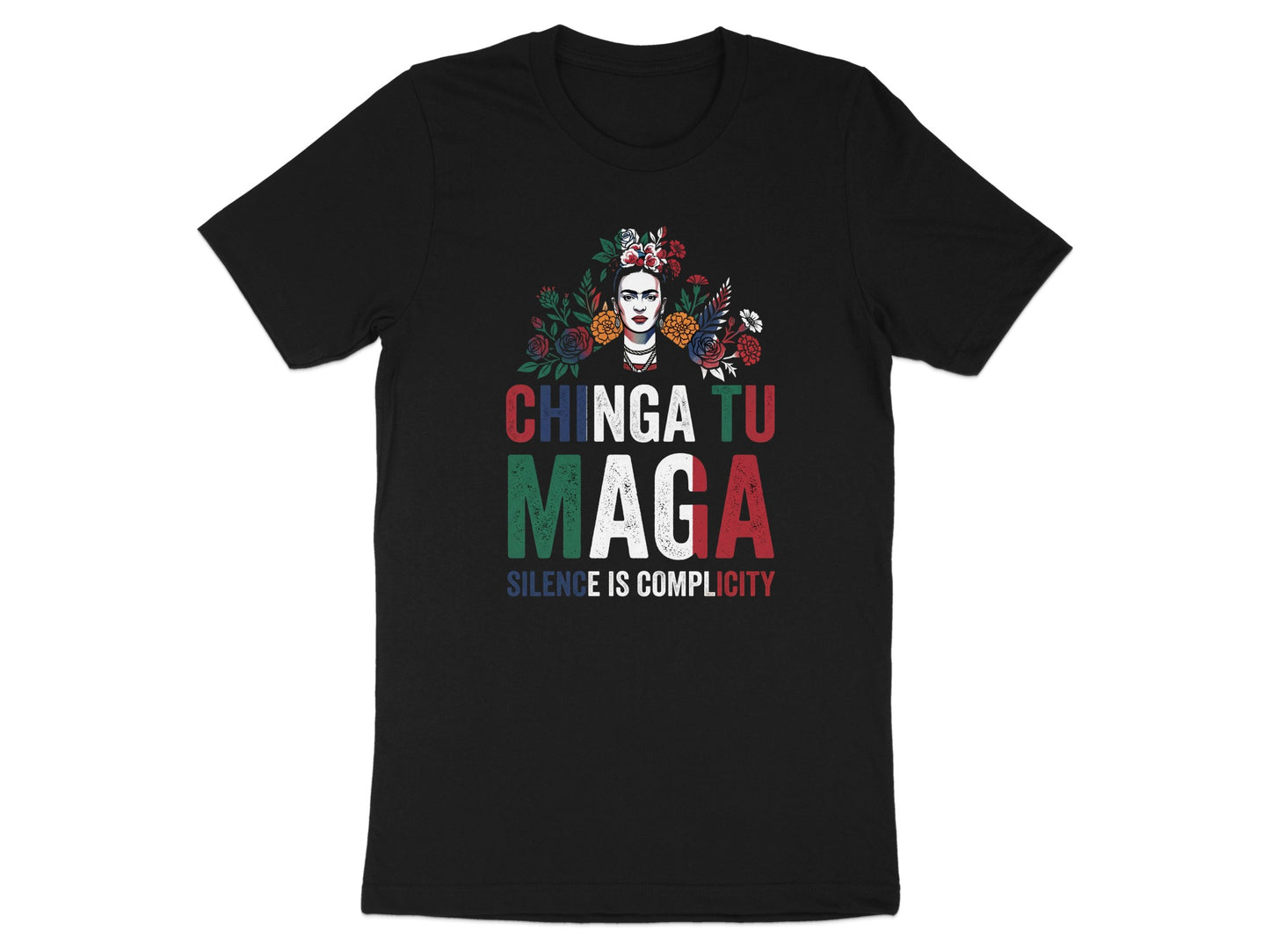 Black t-shirt with Frida Kahlo inspired graphic and "Chinga Tu MAGA" text.