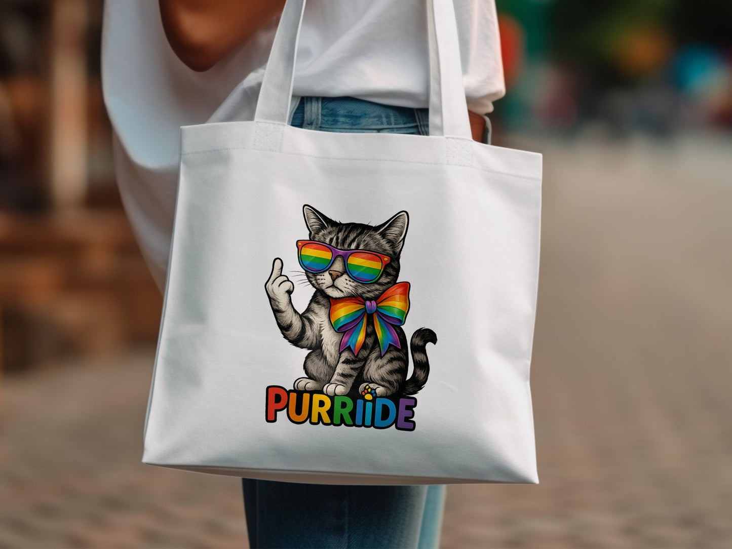 Colorful Cat with Rainbow Bow Purride Tote Bag product type