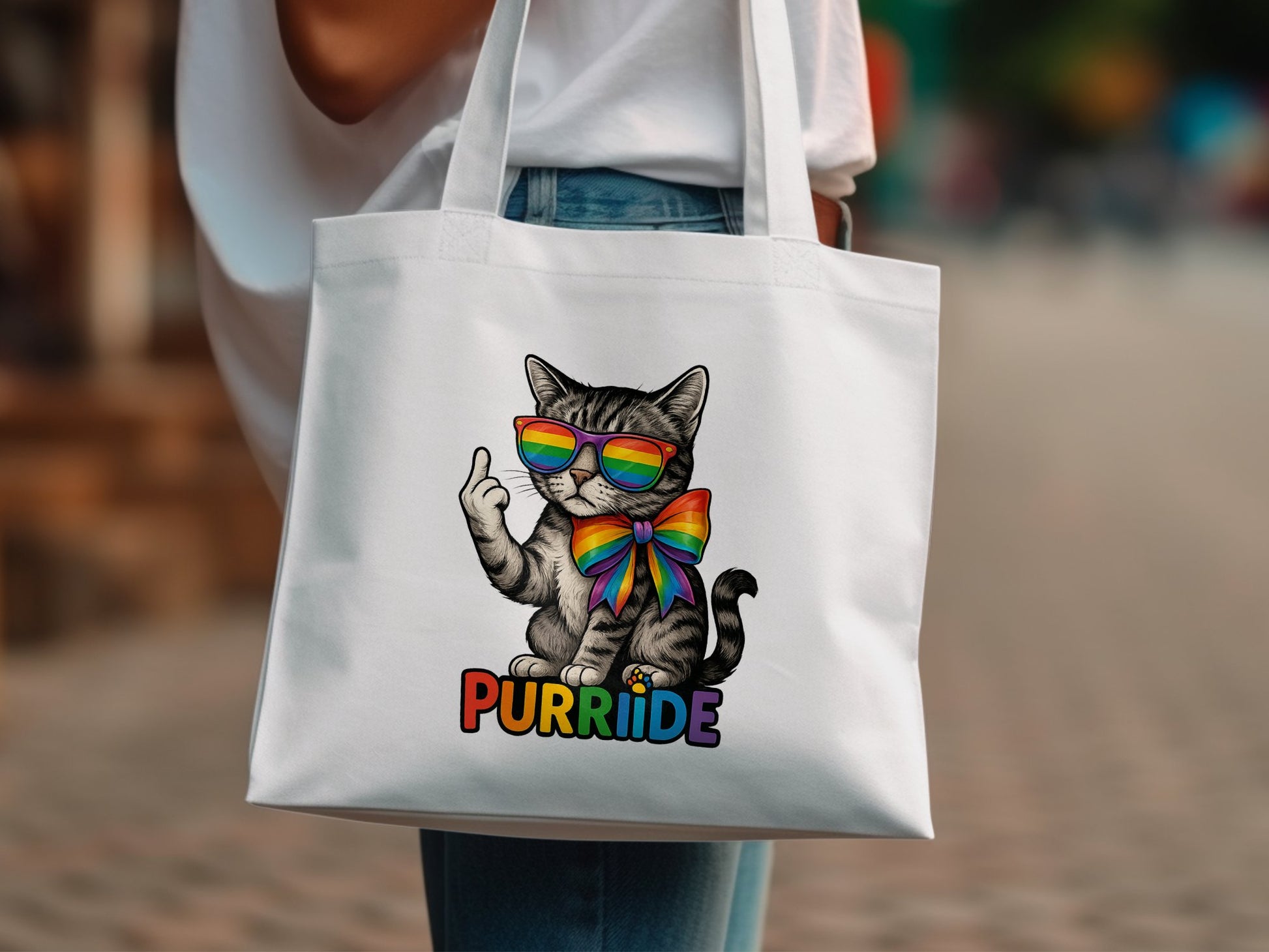 Colorful Cat with Rainbow Bow Purride Tote Bag product type