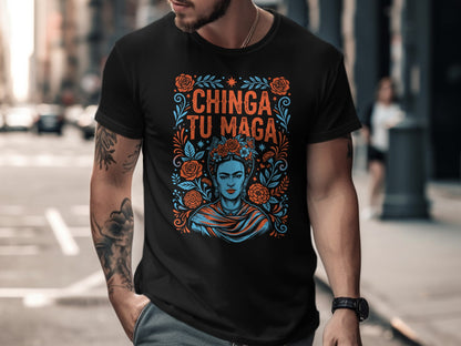 Black t-shirt with Frida Kahlo-inspired design: "Chinga Tu" and floral details.