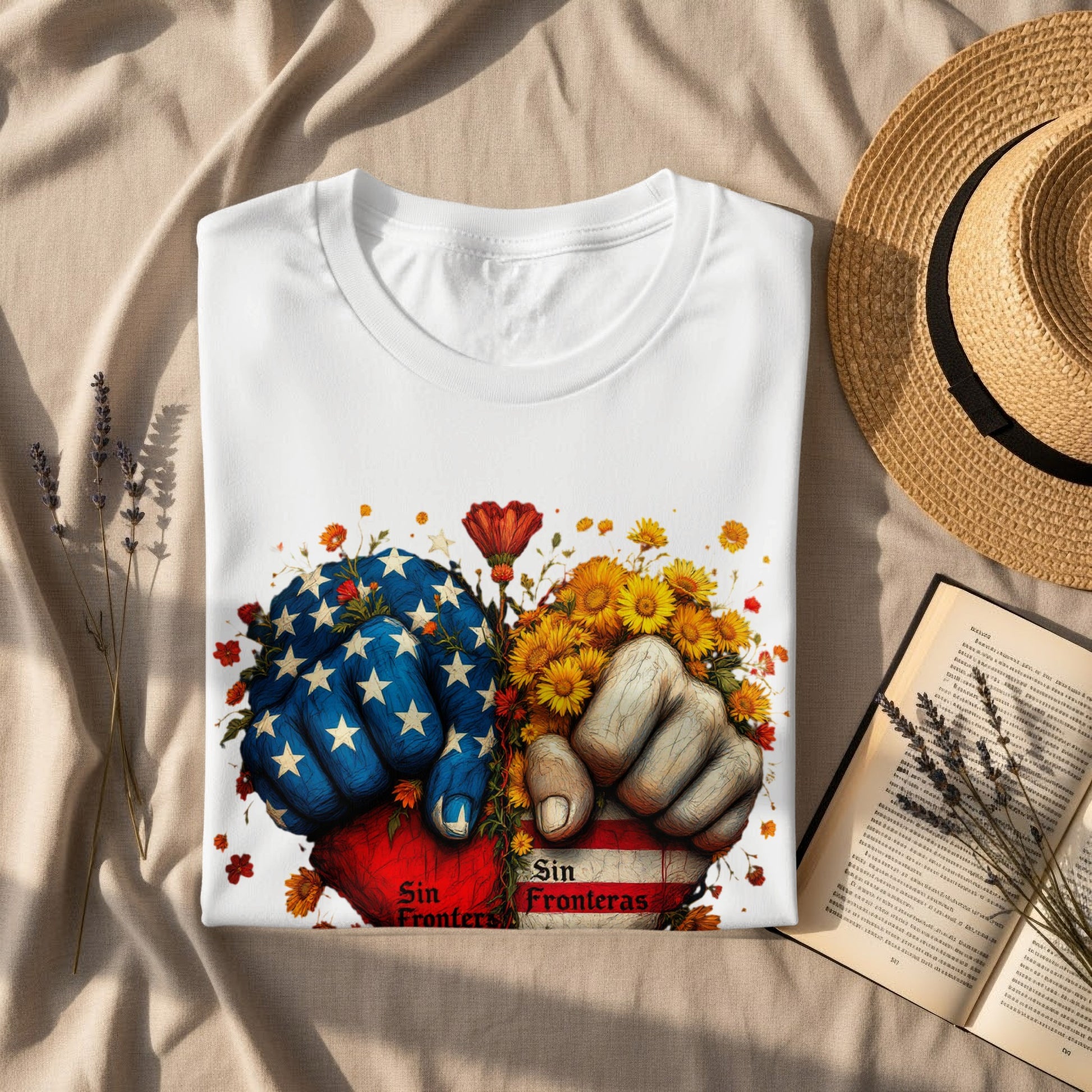 Sin Fronteras Floral and Fist Design T-Shirt product type