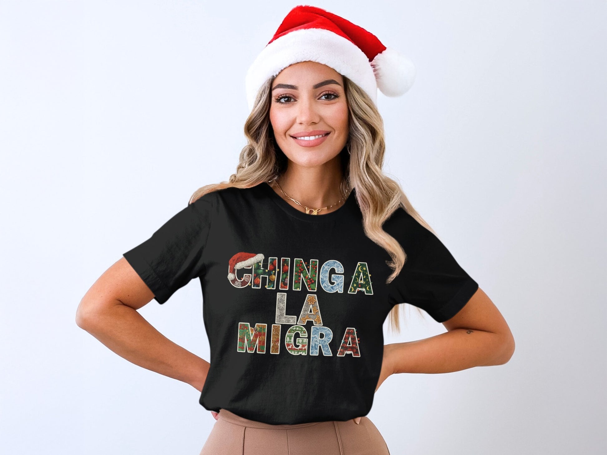 Festive Santa Hat Chinga La Migra Graphic T-shirt