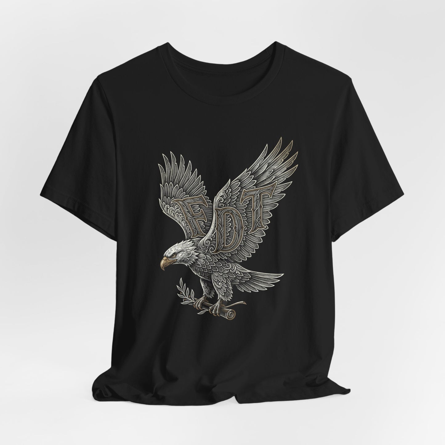 Black t-shirt with stylized eagle and "EDT" lettering.
