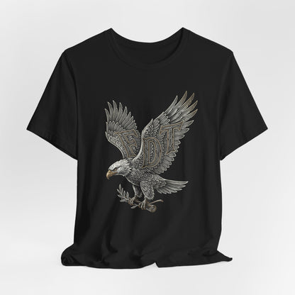 Black t-shirt with stylized eagle and "EDT" lettering.