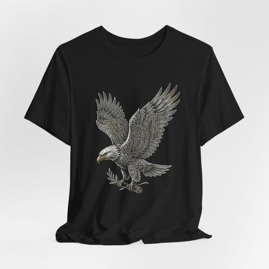 Black t-shirt with stylized eagle and "EDT" lettering.