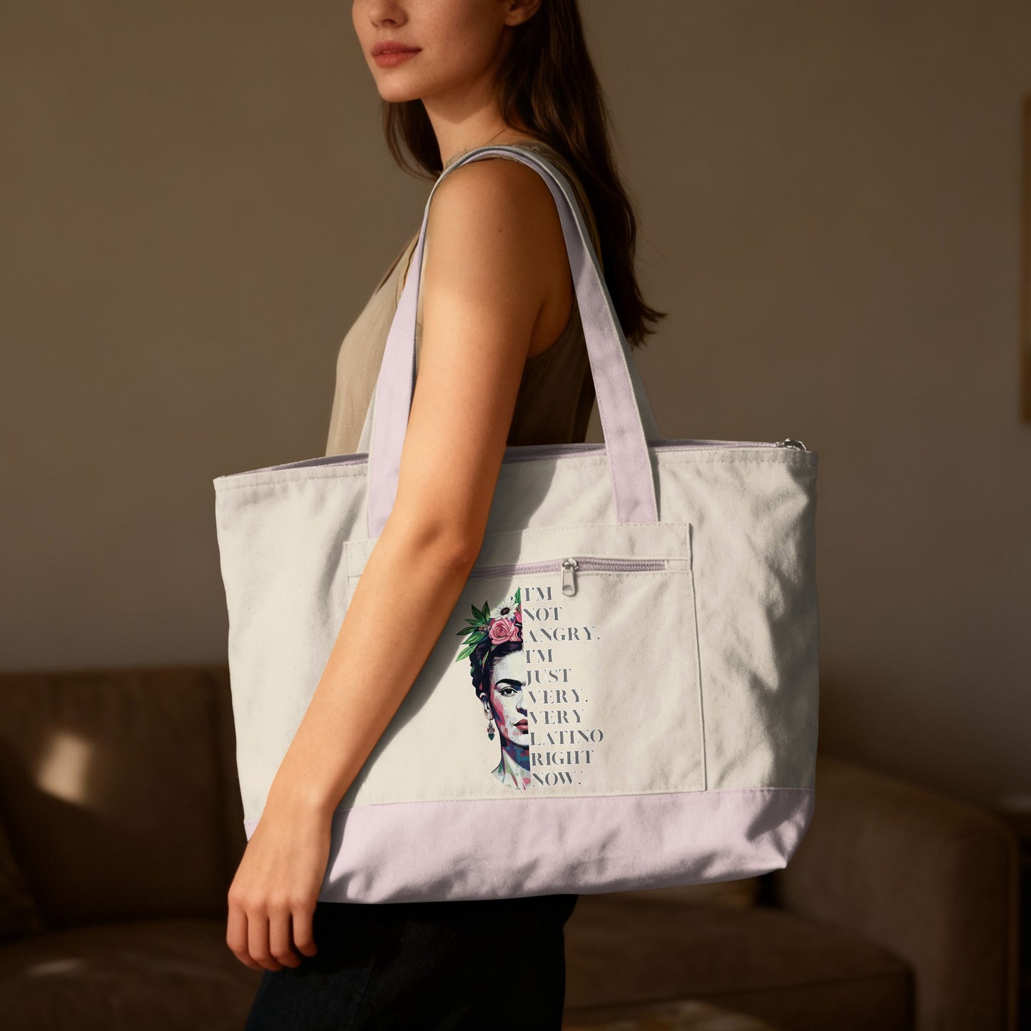 Tote bag with Frida Kahlo graphic and text "I'm not angry. I'm just very, very latino right now."