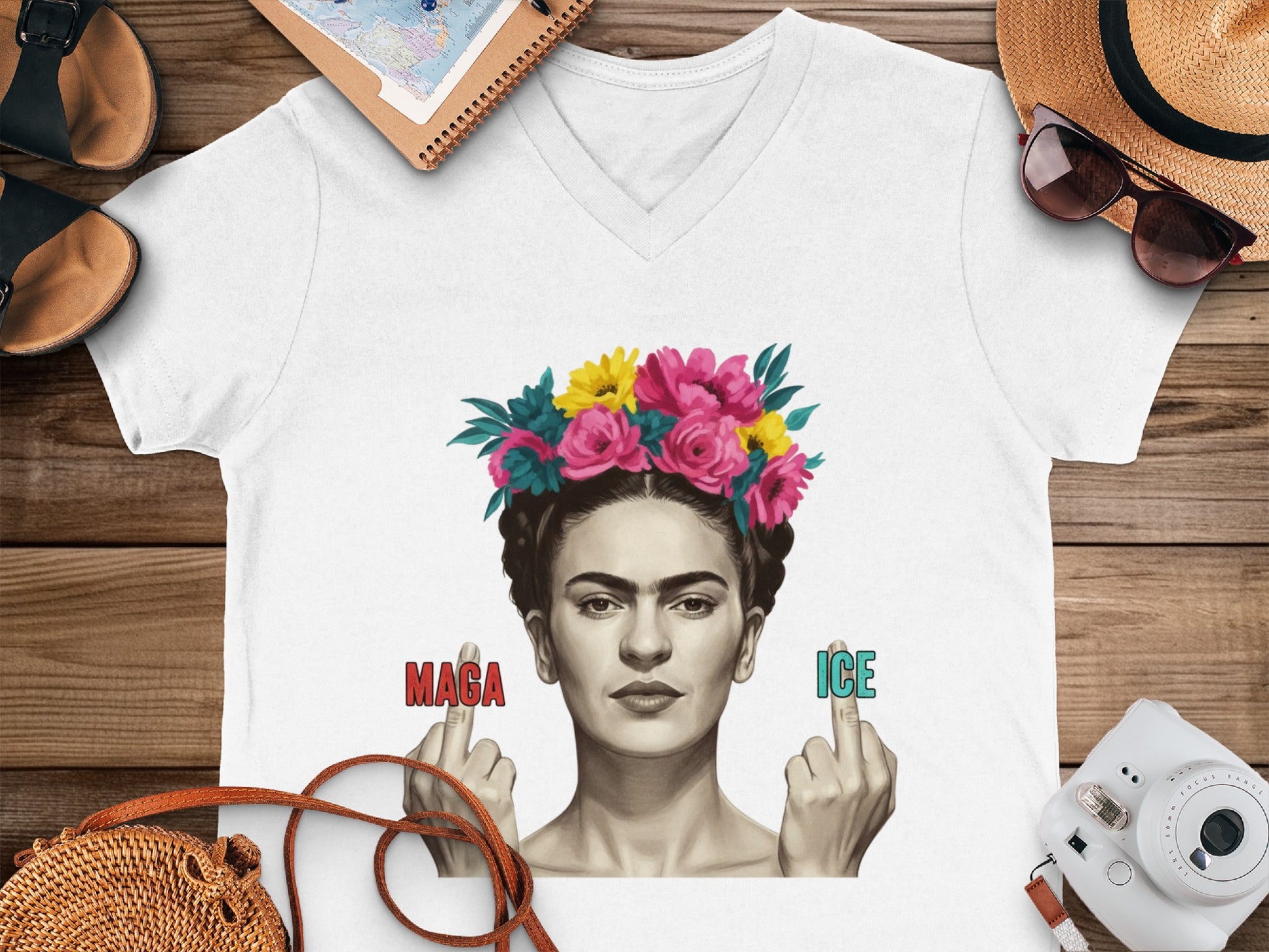 Floral Crown Frida Graphic Tee with MAGA ICE Text