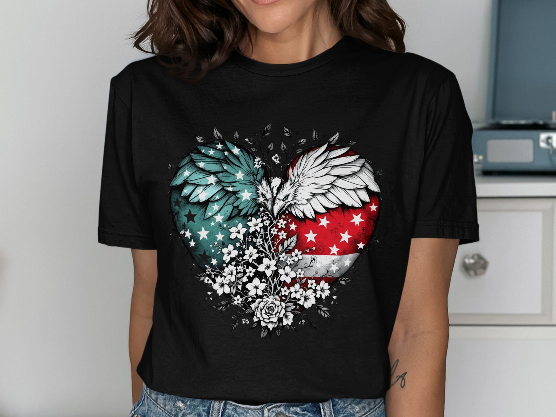 American Flag Heart with Eagle and Flowers Shirt product type