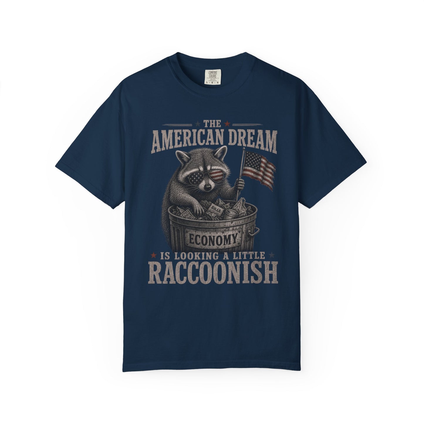T-shirt with raccoon wearing sunglasses holding US flag and "economy bills."