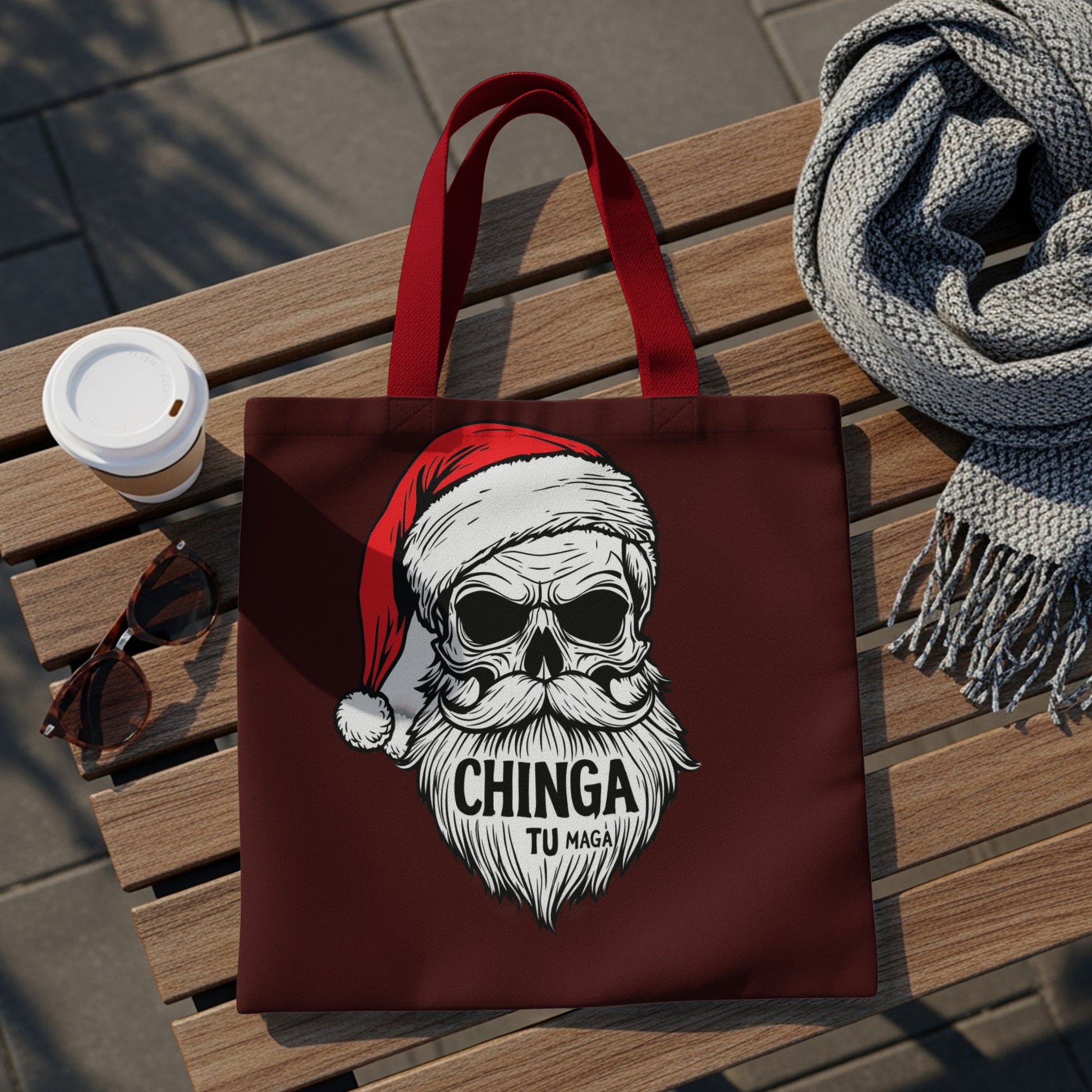 Santa Skull Chinga Tu Maga Red and Black Tote Bag