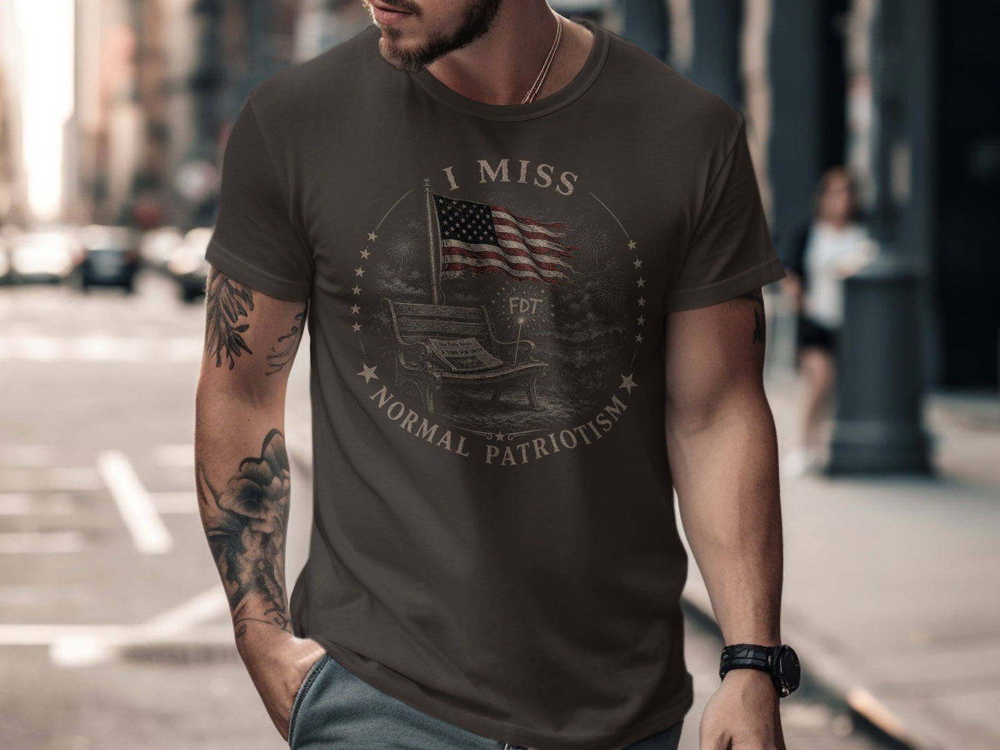 T-shirt with flag, bench, and "I miss normal patriotism" text.
