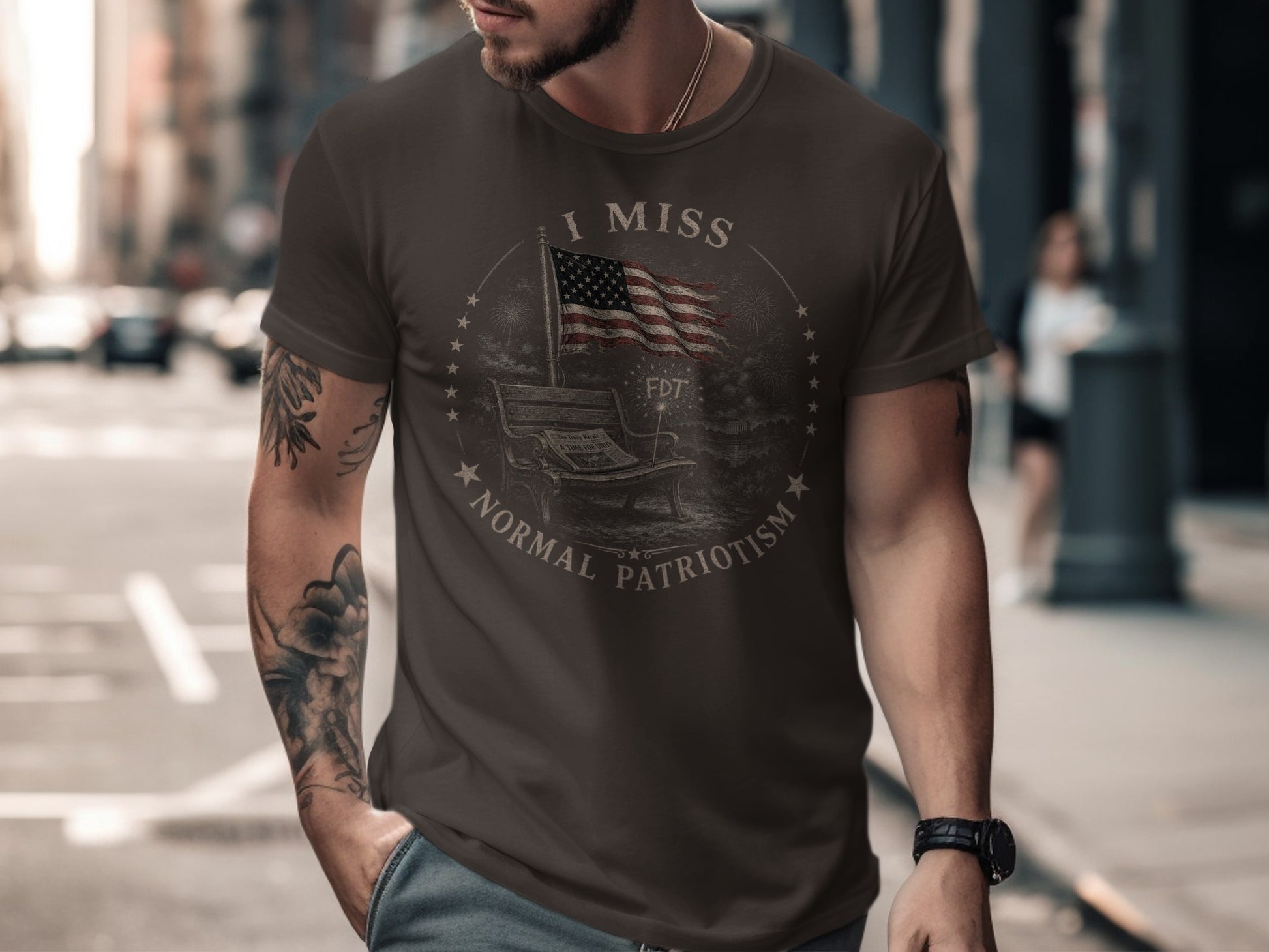 T-shirt with flag, bench, and "I miss normal patriotism" text.