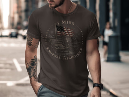 T-shirt with flag, bench, and "I miss normal patriotism" text.