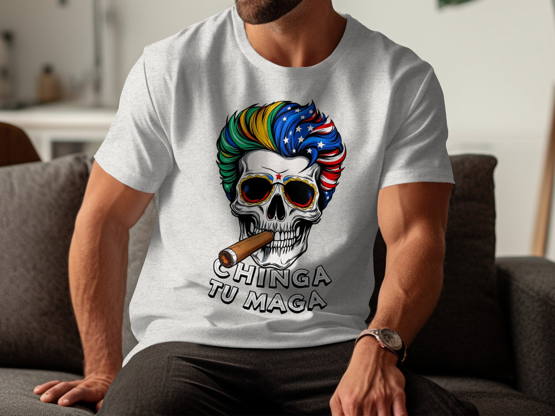 Chinga Tu Maga Skull with Colorful Hair T-shirt product