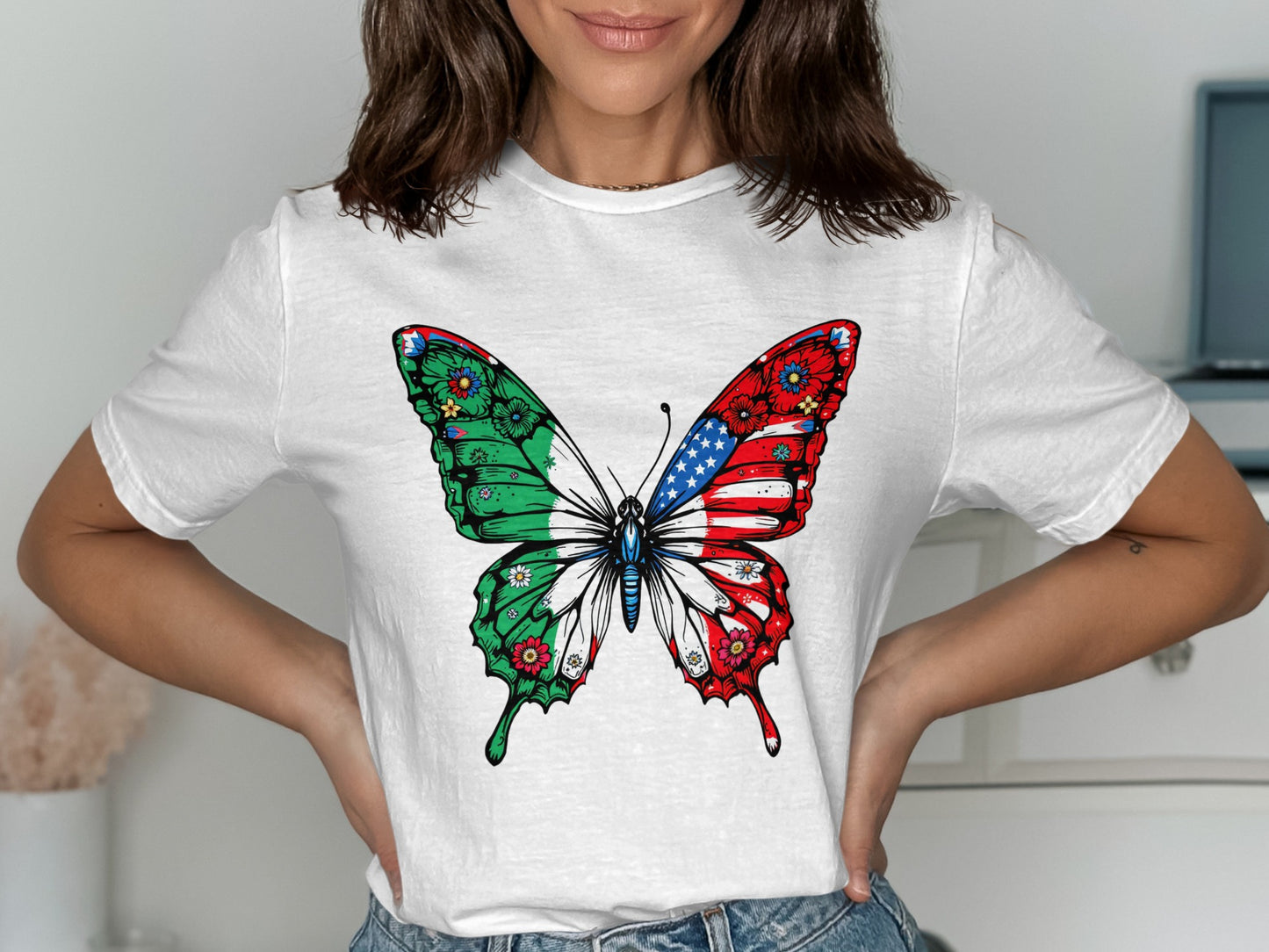 Butterfly with Flag Designs on White T-Shirt product type