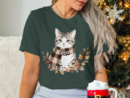 Cute Festive Cat in Scarf Winter Holiday Shirt