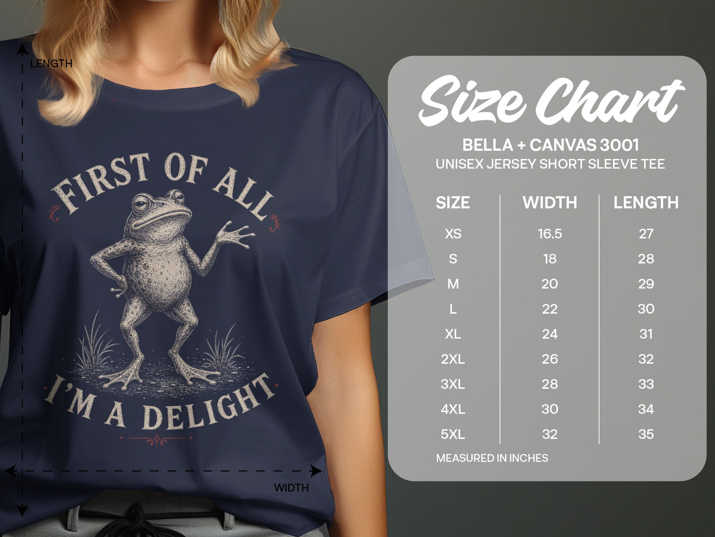 T-shirt with frog graphic and "First of all, I'm a delight" text, size chart.