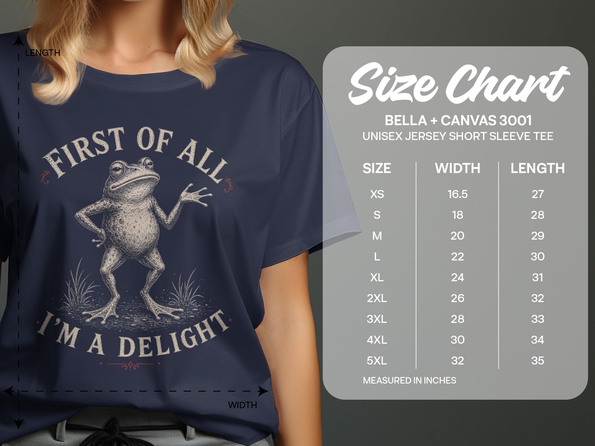 T-shirt with frog graphic and "First of all, I'm a delight" text, size chart.
