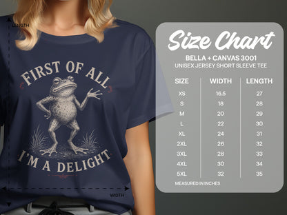 T-shirt with frog graphic and "First of all, I'm a delight" text, size chart.