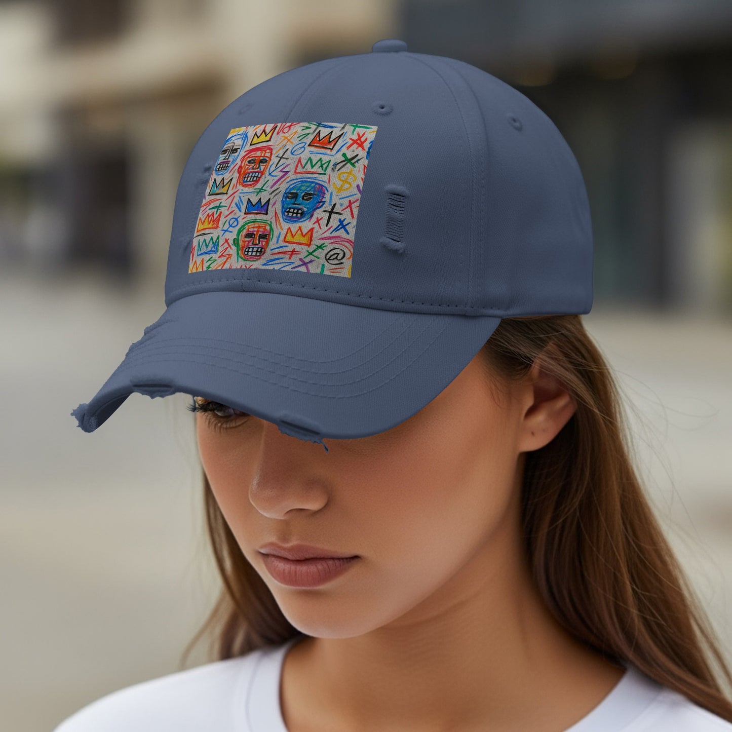 Distressed Navy Blue Cap with Abstract Faces product type