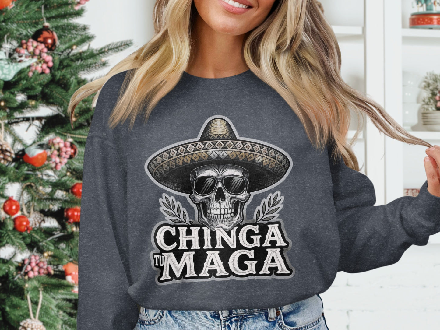 Chinga Tu Maga Skull with Hat Holiday Sweatshirt product