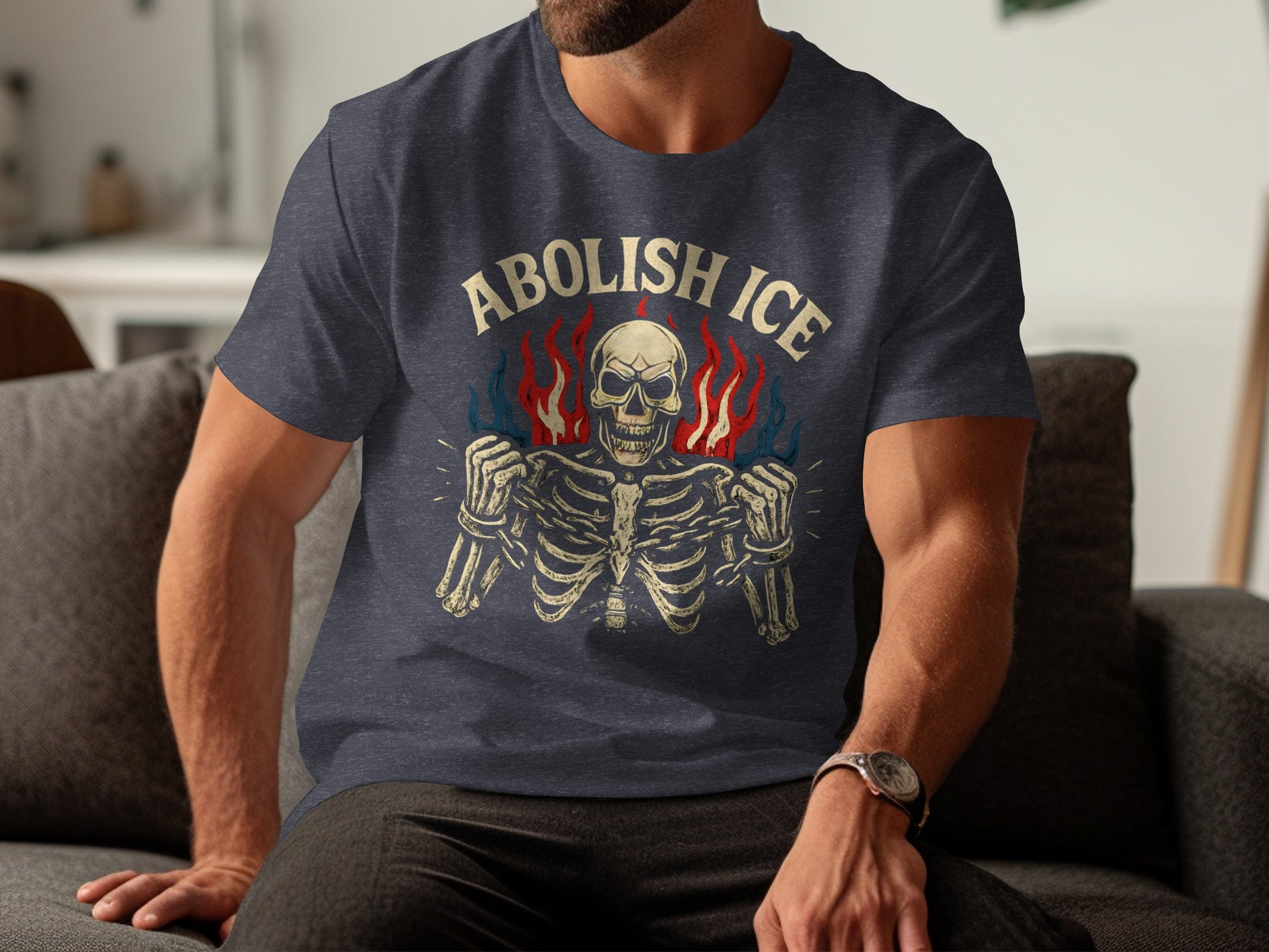Abolish ICE Skeleton with Flames Design T-shirt product
