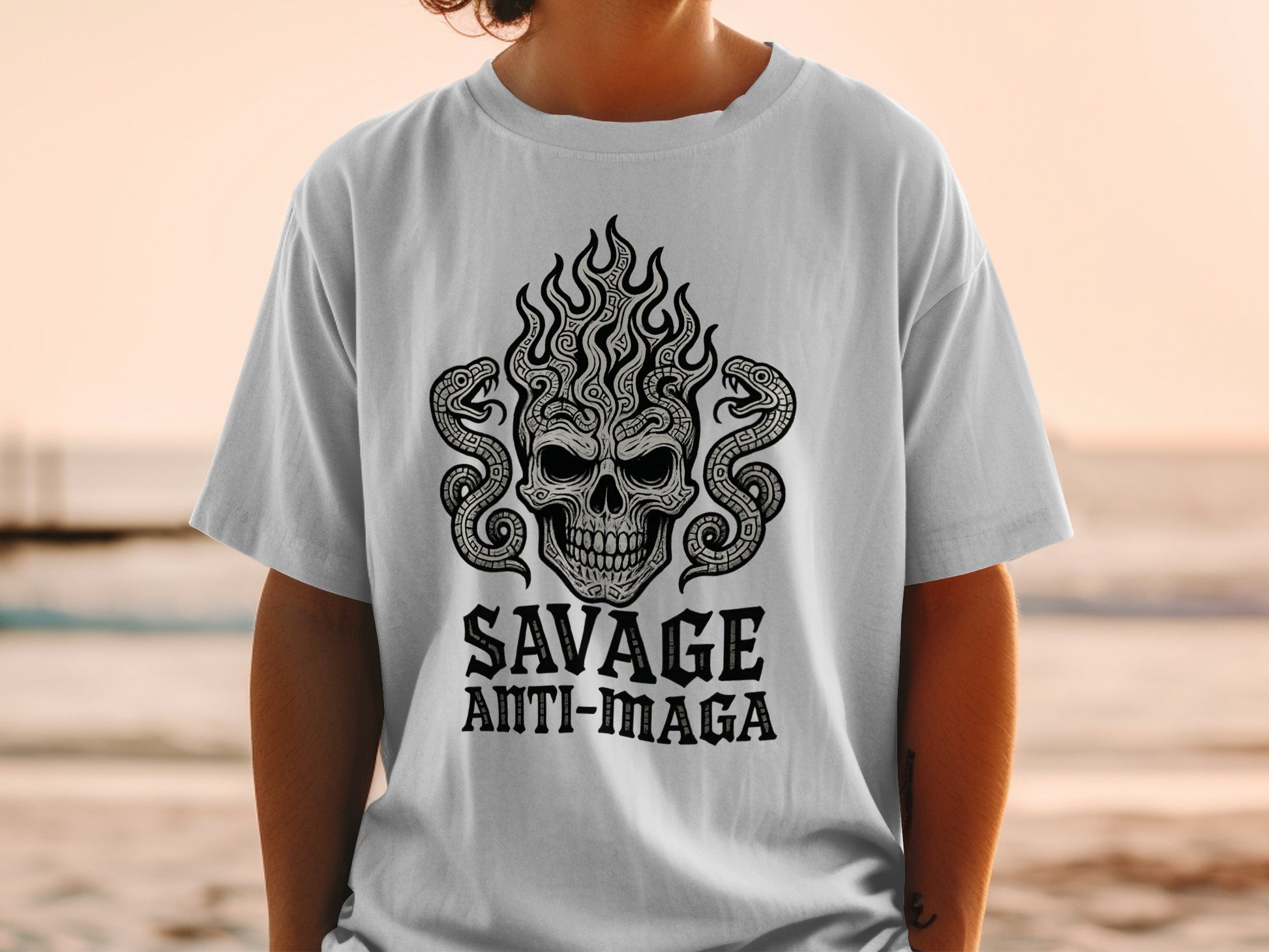 Savage Anti-MAGA T-Shirt with Skull and Snakes Design