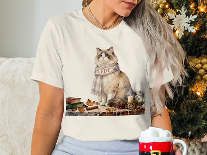 Festive Cat with Scarf Design Shirt