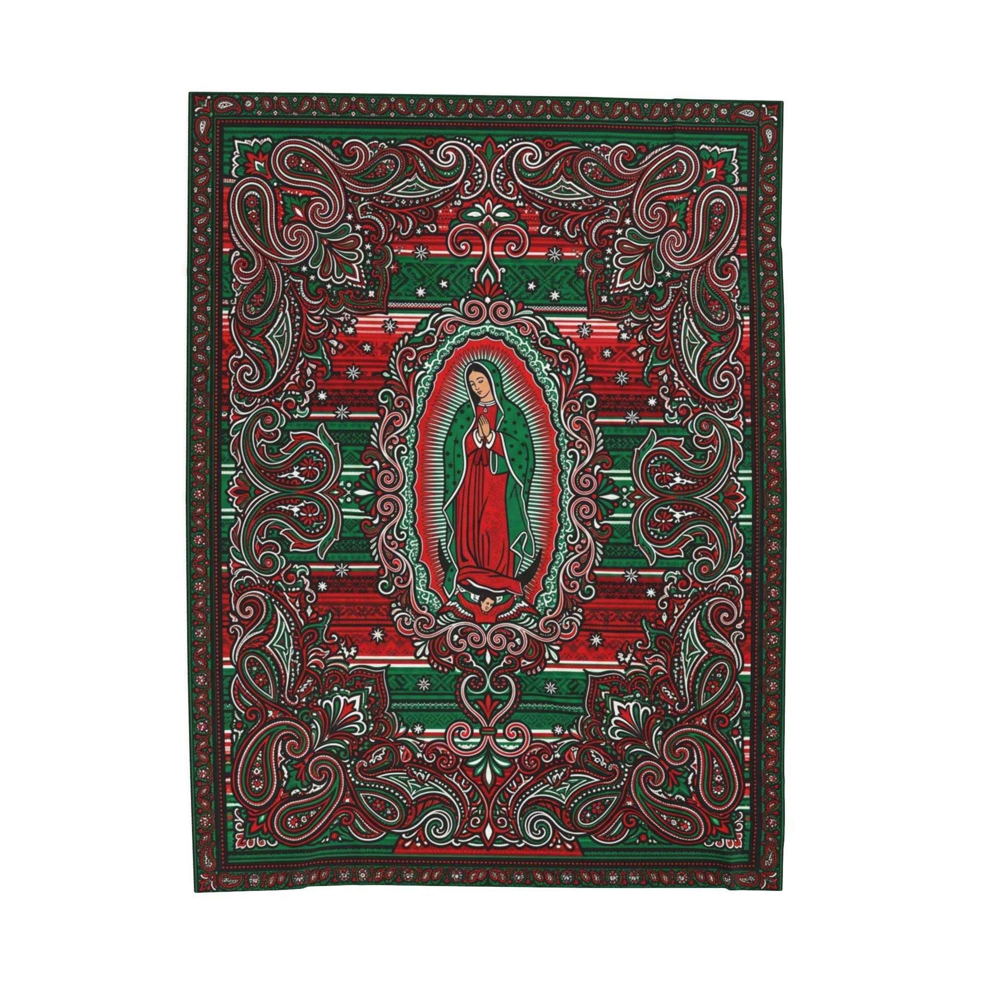 Our Lady of Guadalupe Blanket, Sacred Virgen de Guadalupe Art, Mexican Folk Art Design, Vibrant Red Green Paisley, Spiritual Home Decor