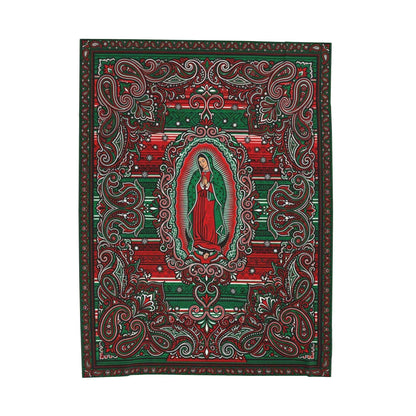 Our Lady of Guadalupe Blanket, Sacred Virgen de Guadalupe Art, Mexican Folk Art Design, Vibrant Red Green Paisley, Spiritual Home Decor