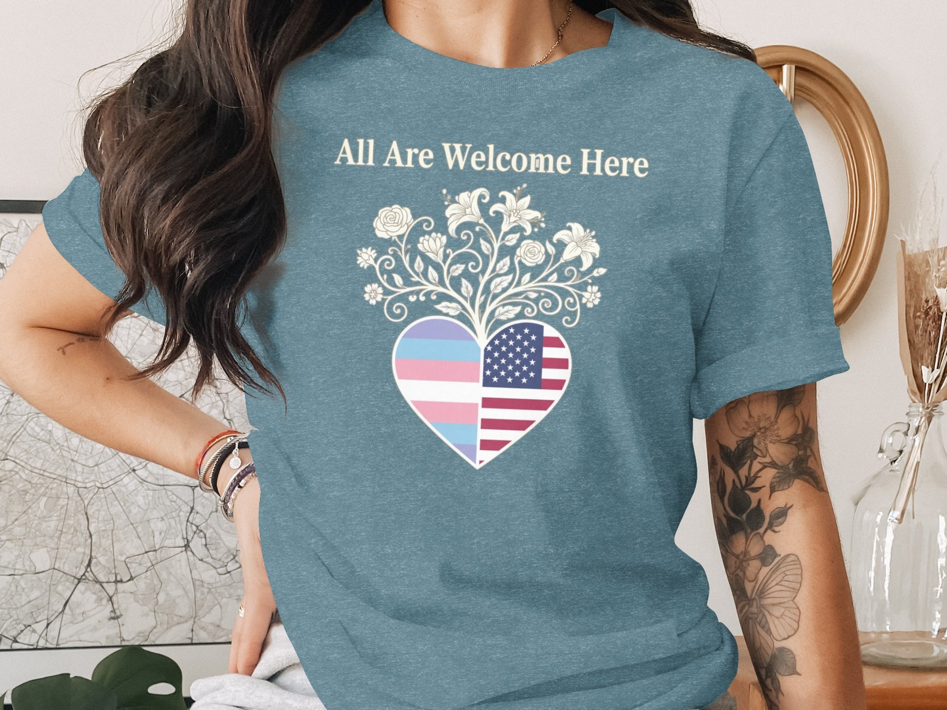 All Are Welcome Here Heart Design T-shirt