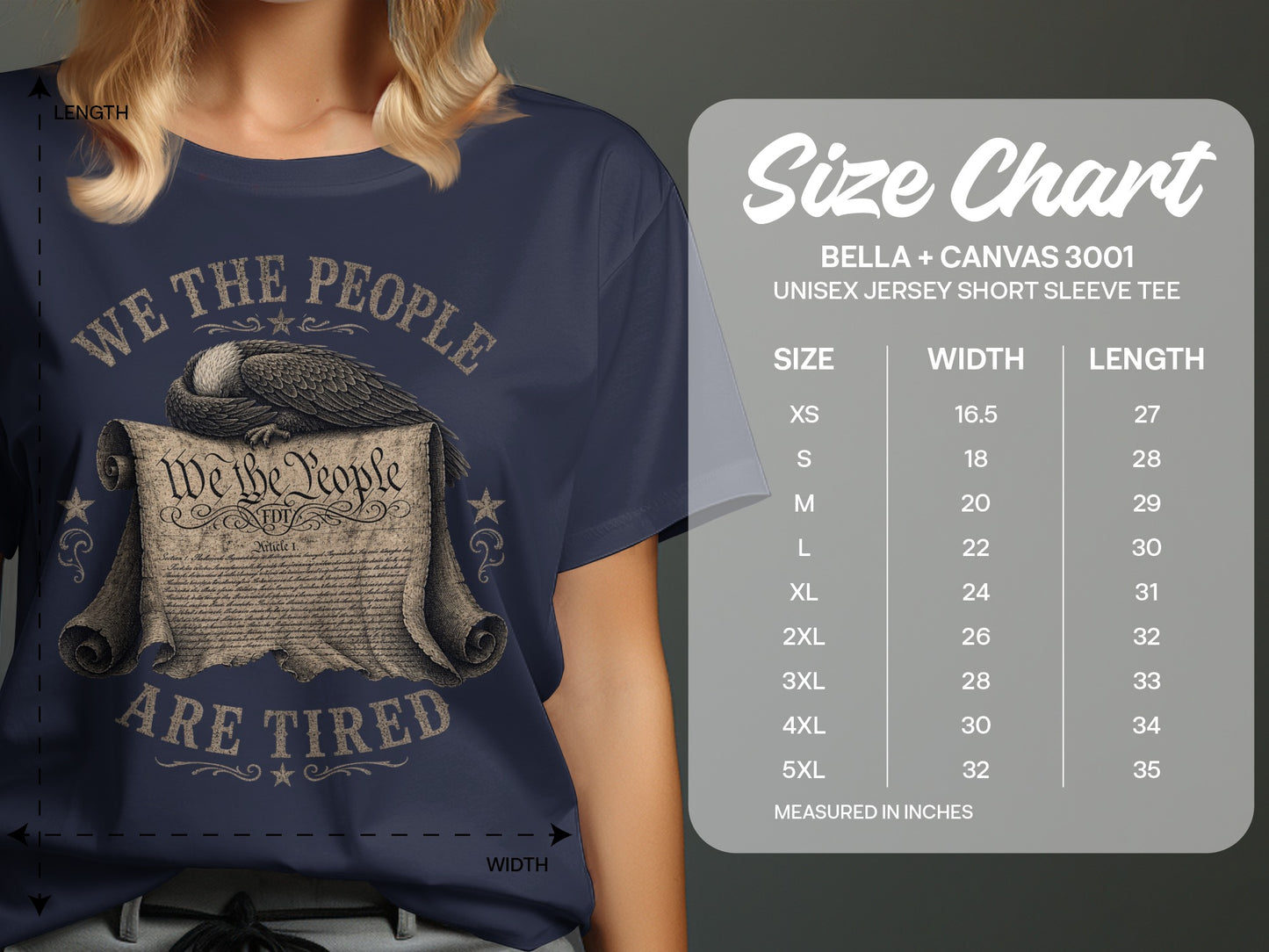 T-shirt with "We the People Are Tired" text and eagle on scroll.