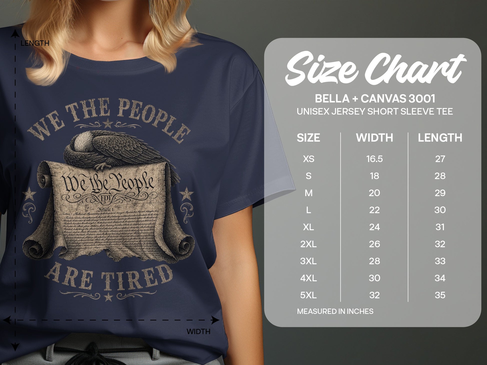 T-shirt with "We the People Are Tired" text and eagle on scroll.