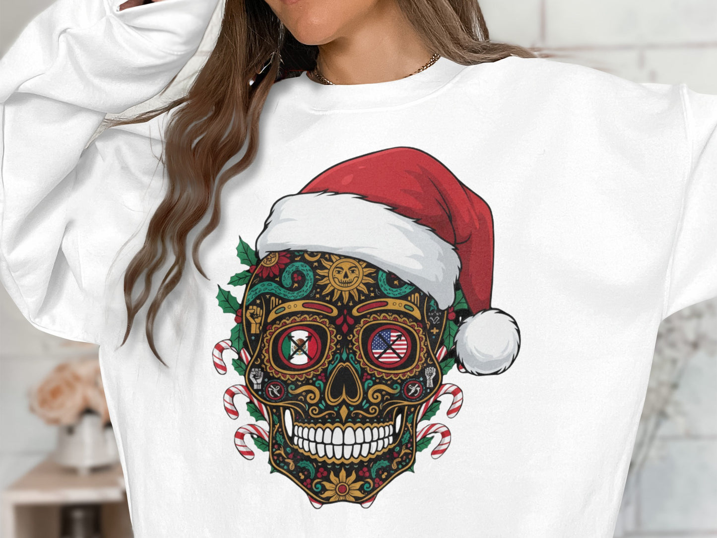 Festive Santa Hat Skull Long Sleeve Holiday Shirt