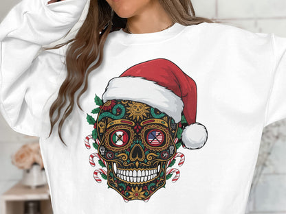 Festive Santa Hat Skull Long Sleeve Holiday Shirt