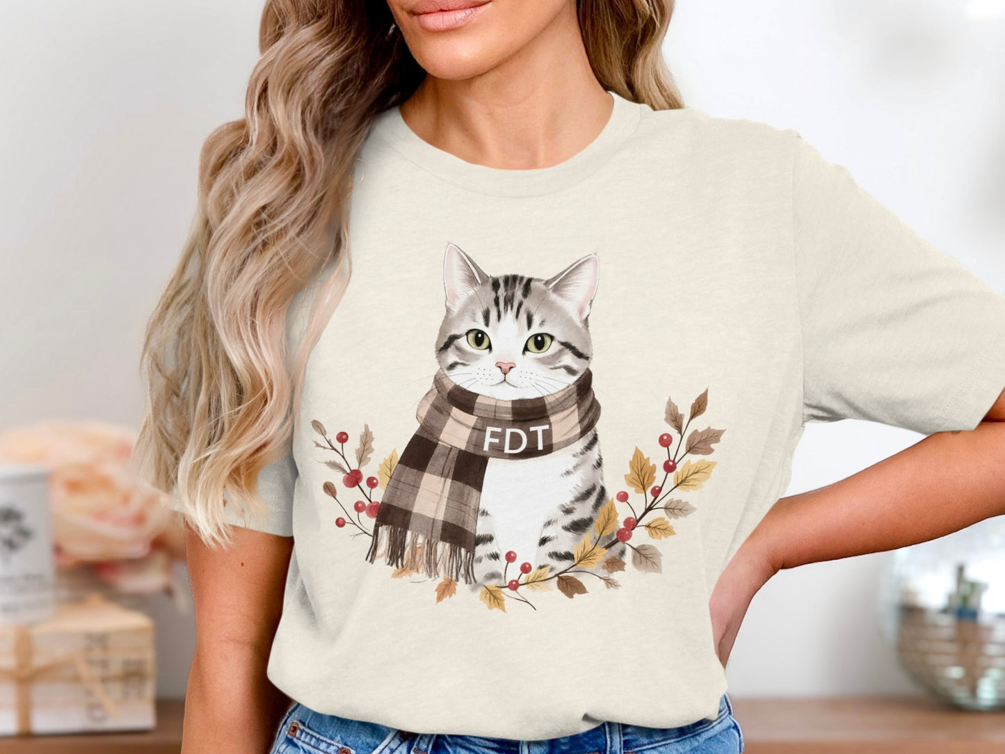 Cozy Fall Cat with Plaid Scarf Graphic Tee