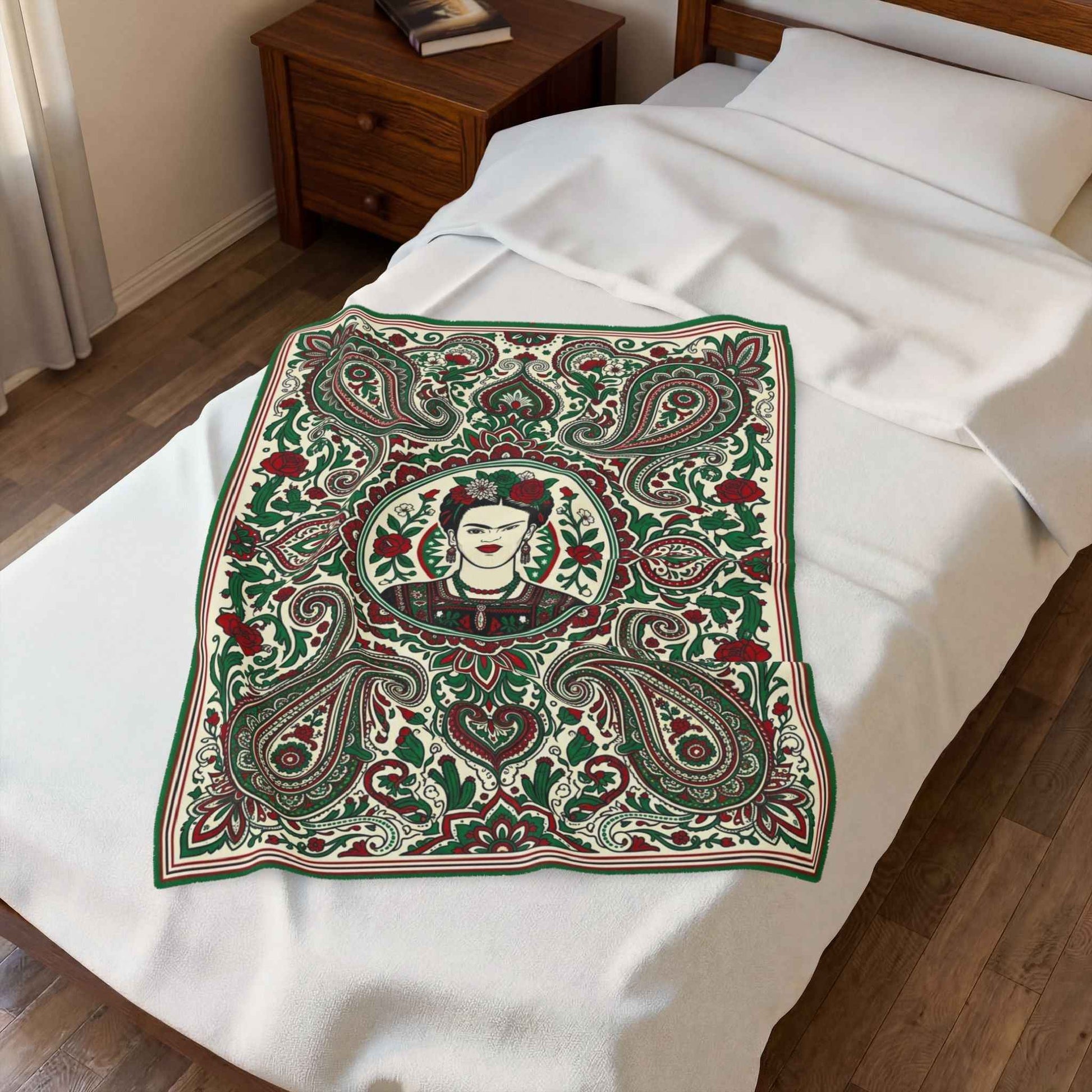 Frida Kahlo Art Blankets, Bohemian Paisley Throw Blanket, Mexican Folk Art Decor, Vibrant Red Green Floral Pattern, Artistic Icon Living