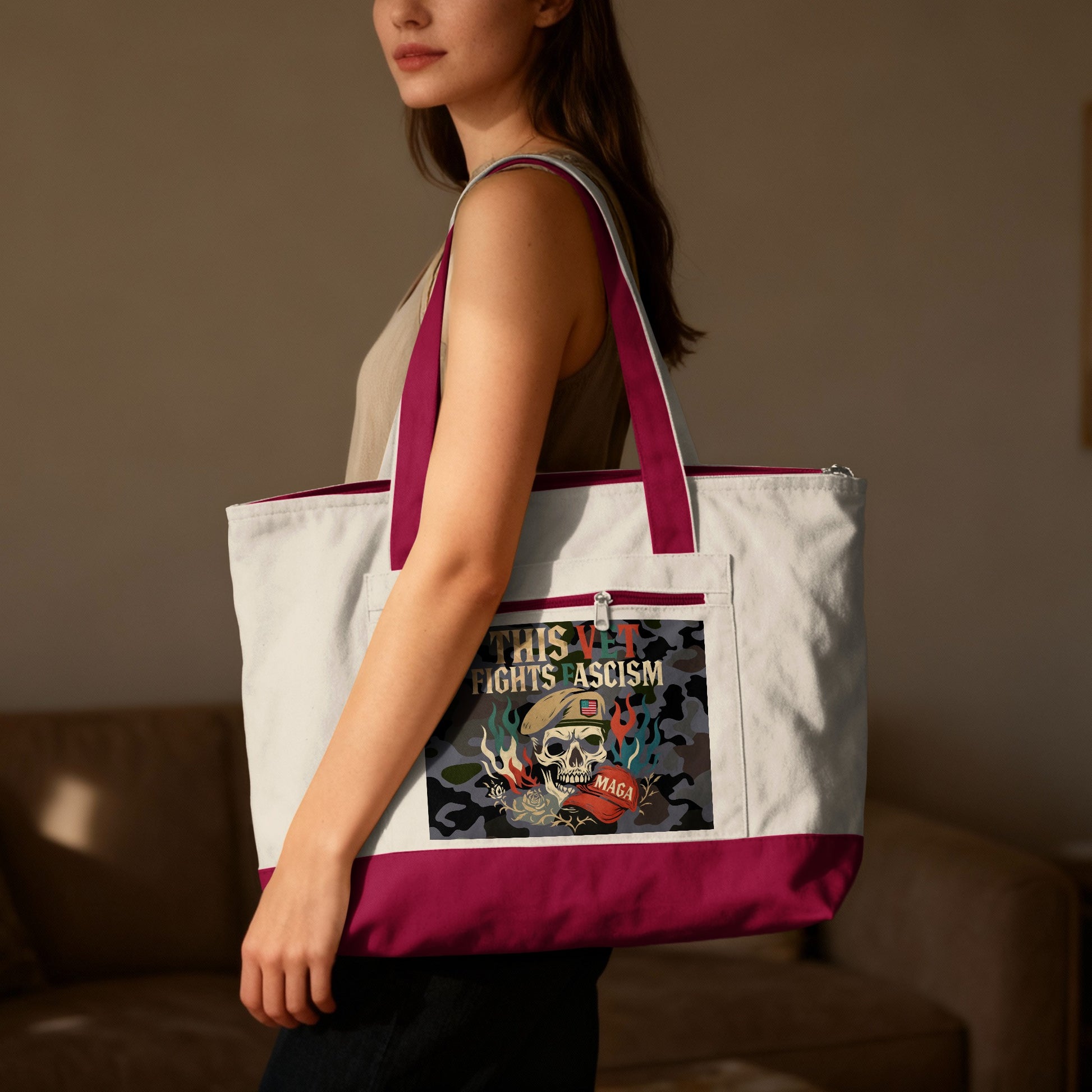 Tote bag with skull and "This Is Fascism" graphic on camouflage background.