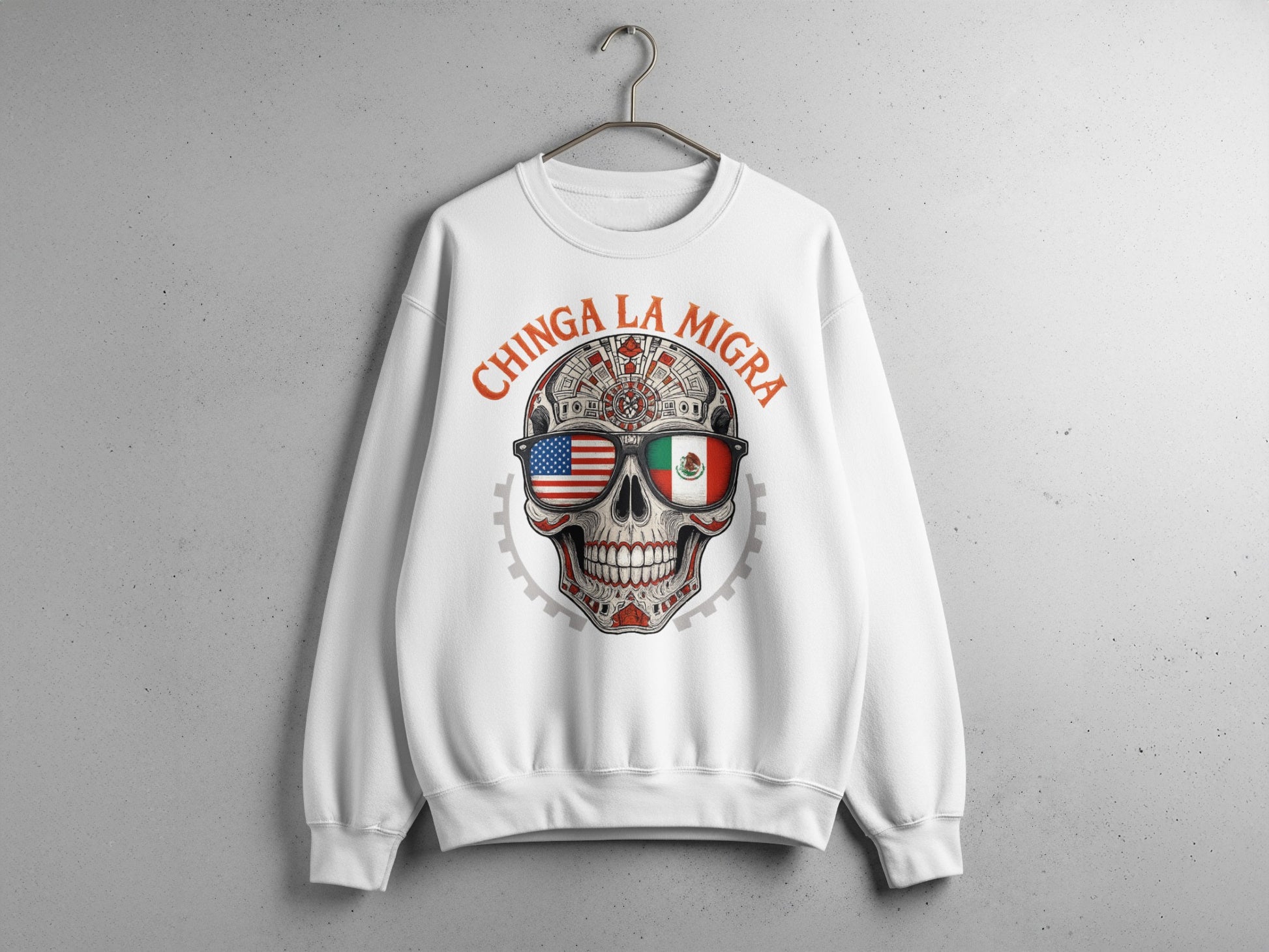 Chinga La Migra Skull USA Mexico Flag Graphic Sweatshirt