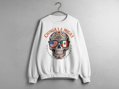 Chinga La Migra Skull USA Mexico Flag Graphic Sweatshirt