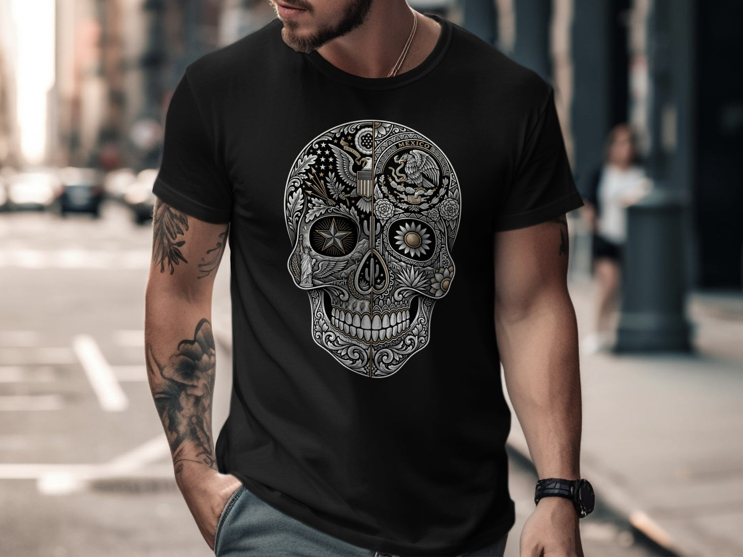 Black t-shirt with ornate, metallic skull graphic featuring eagle and floral designs.