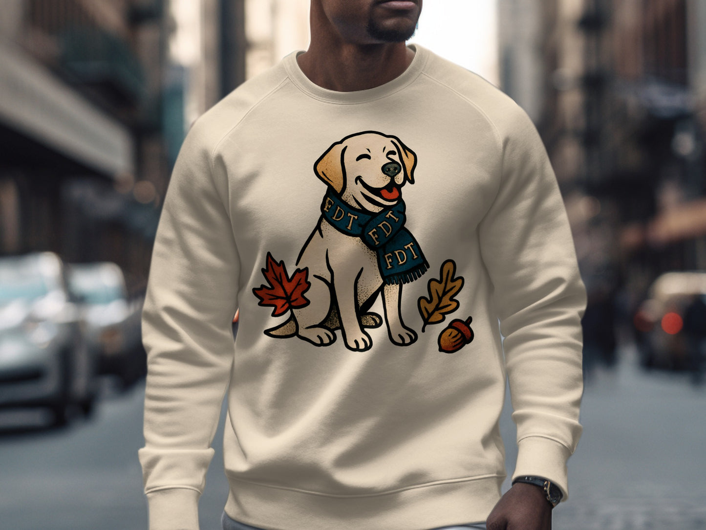 Cozy Sweater with Adorable Dog and Leaves Design