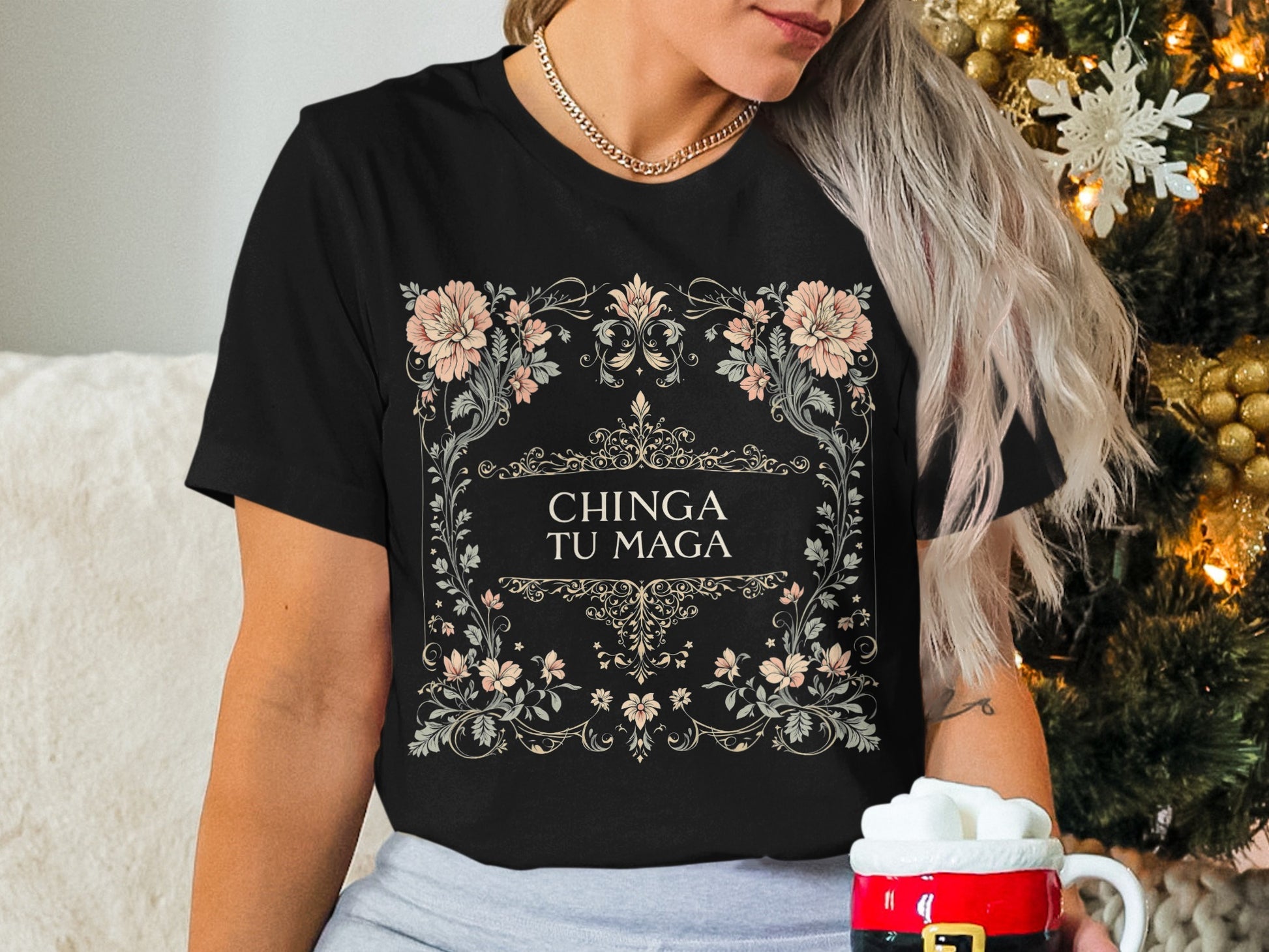 Chinga Tu Maga Graphic Tee with Floral Design