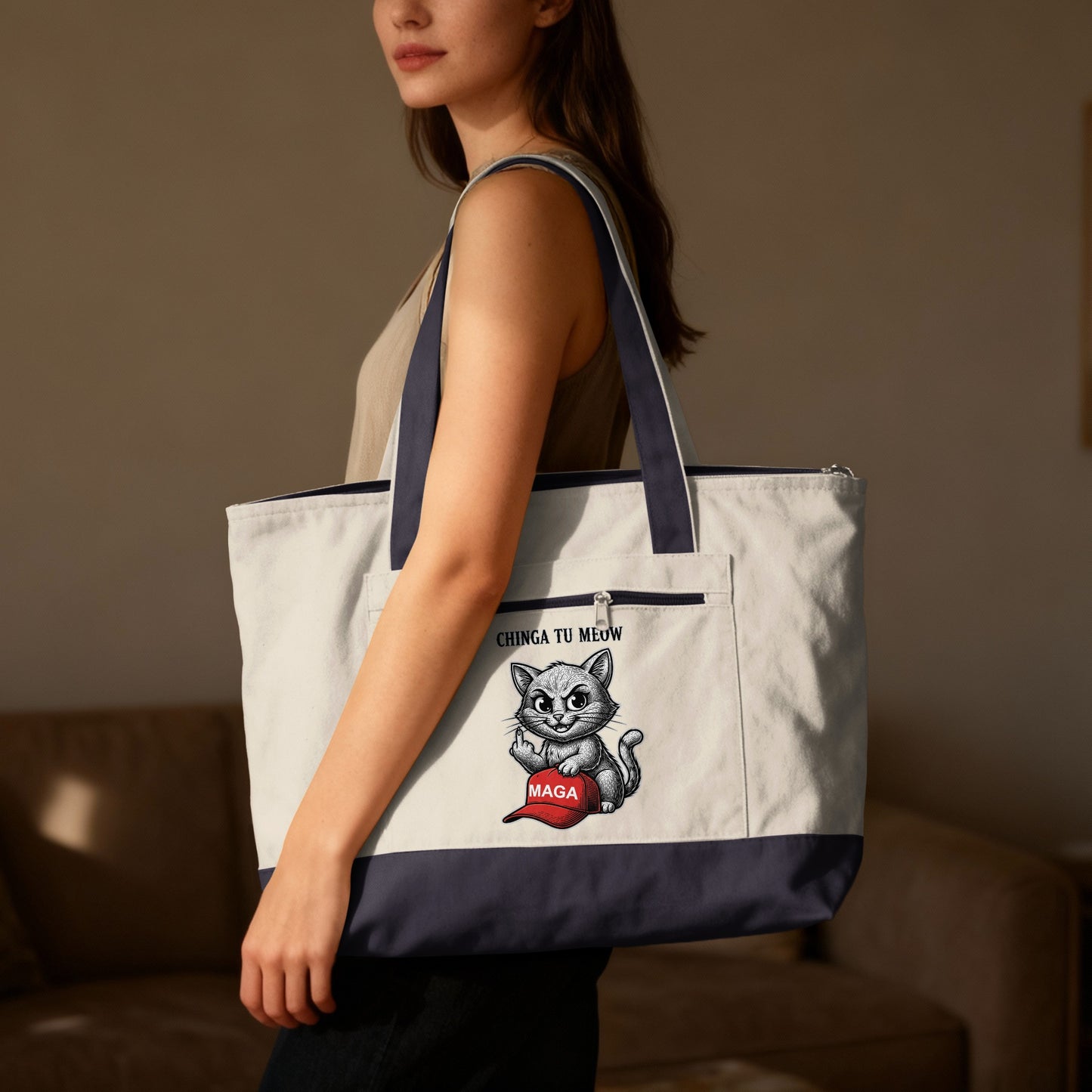 Tote bag with "Chinga Tu Meow" and a cat wearing a MAGA hat.