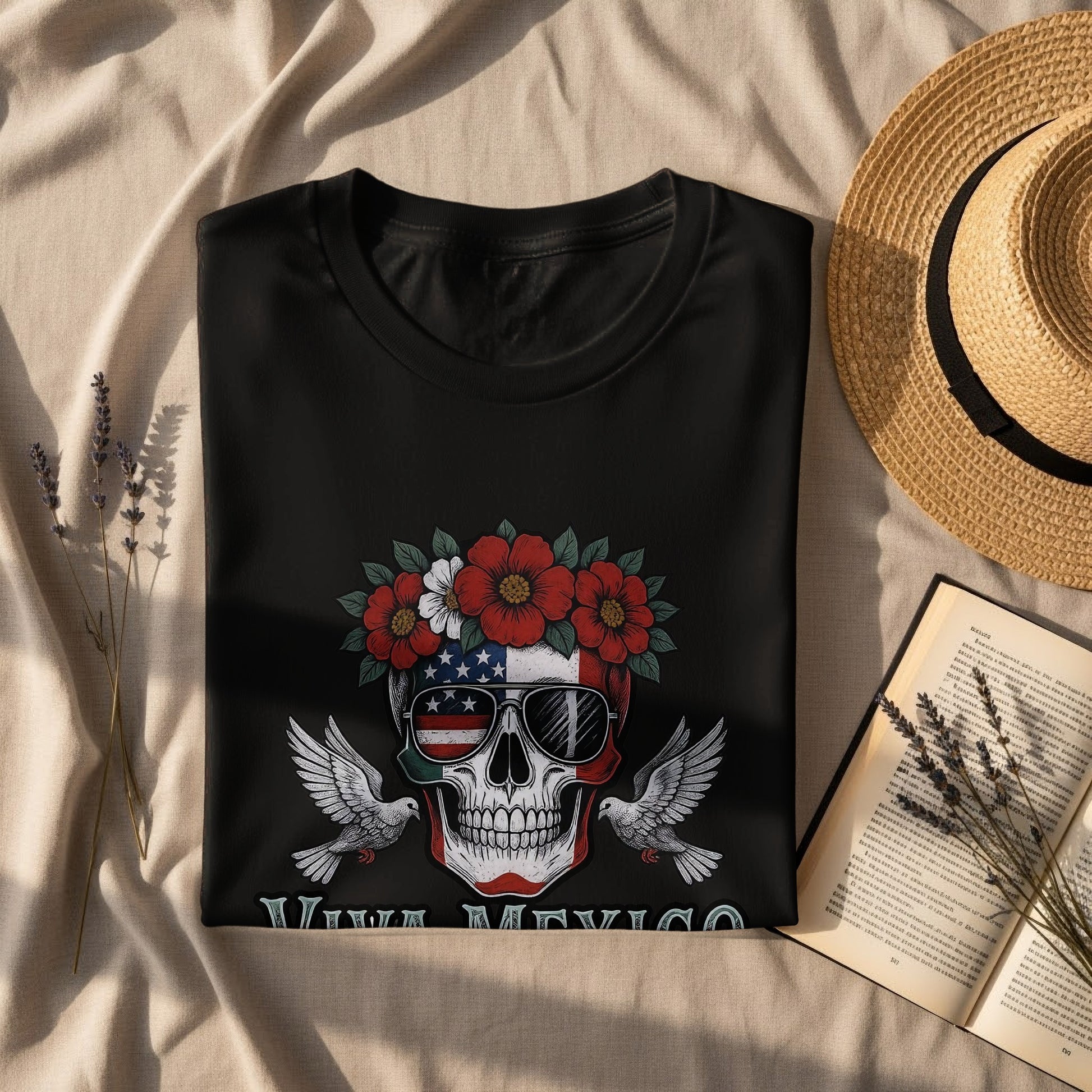 Viva Mexico Skull With Flowers and Birds T-shirt product