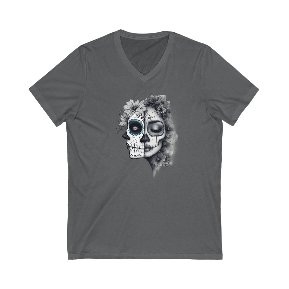 Dual Face Skull and Floral Graphic V Neck product